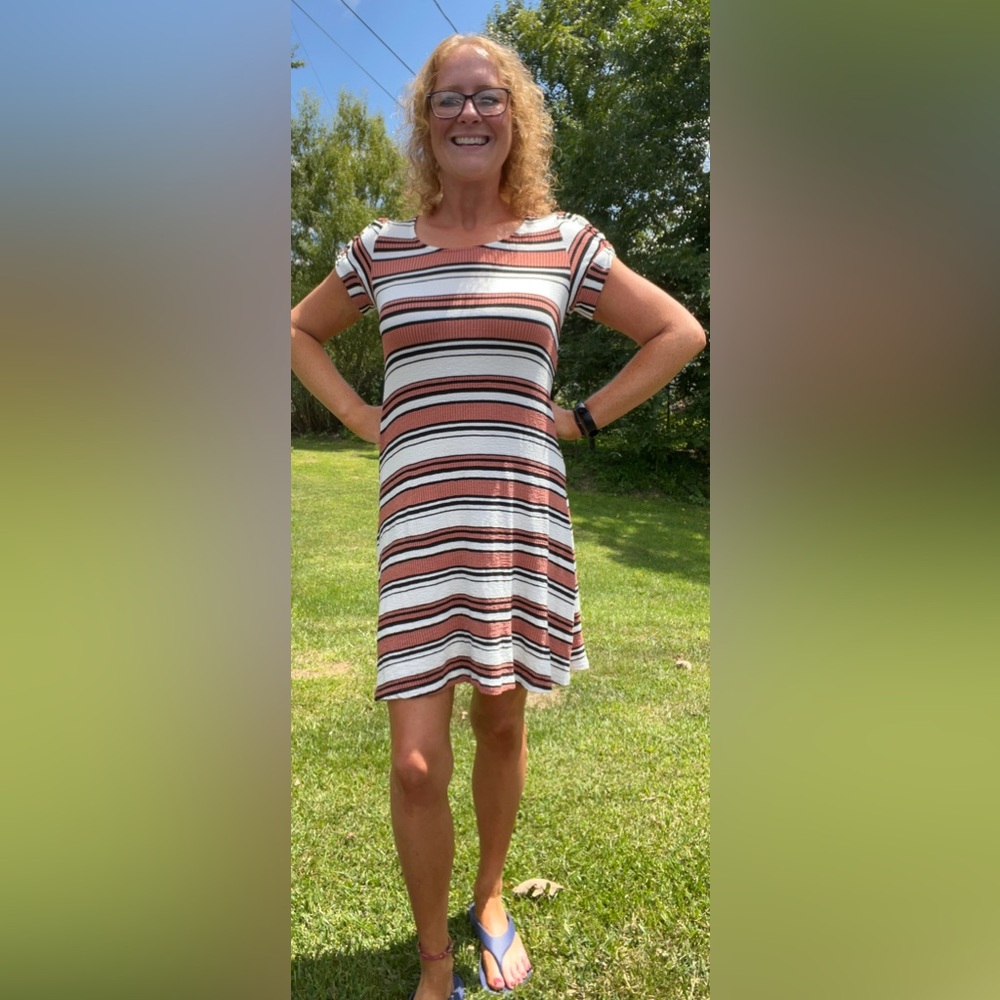 Women's CATO XS Orange, Black, & White Striped Short Sleeve Dress